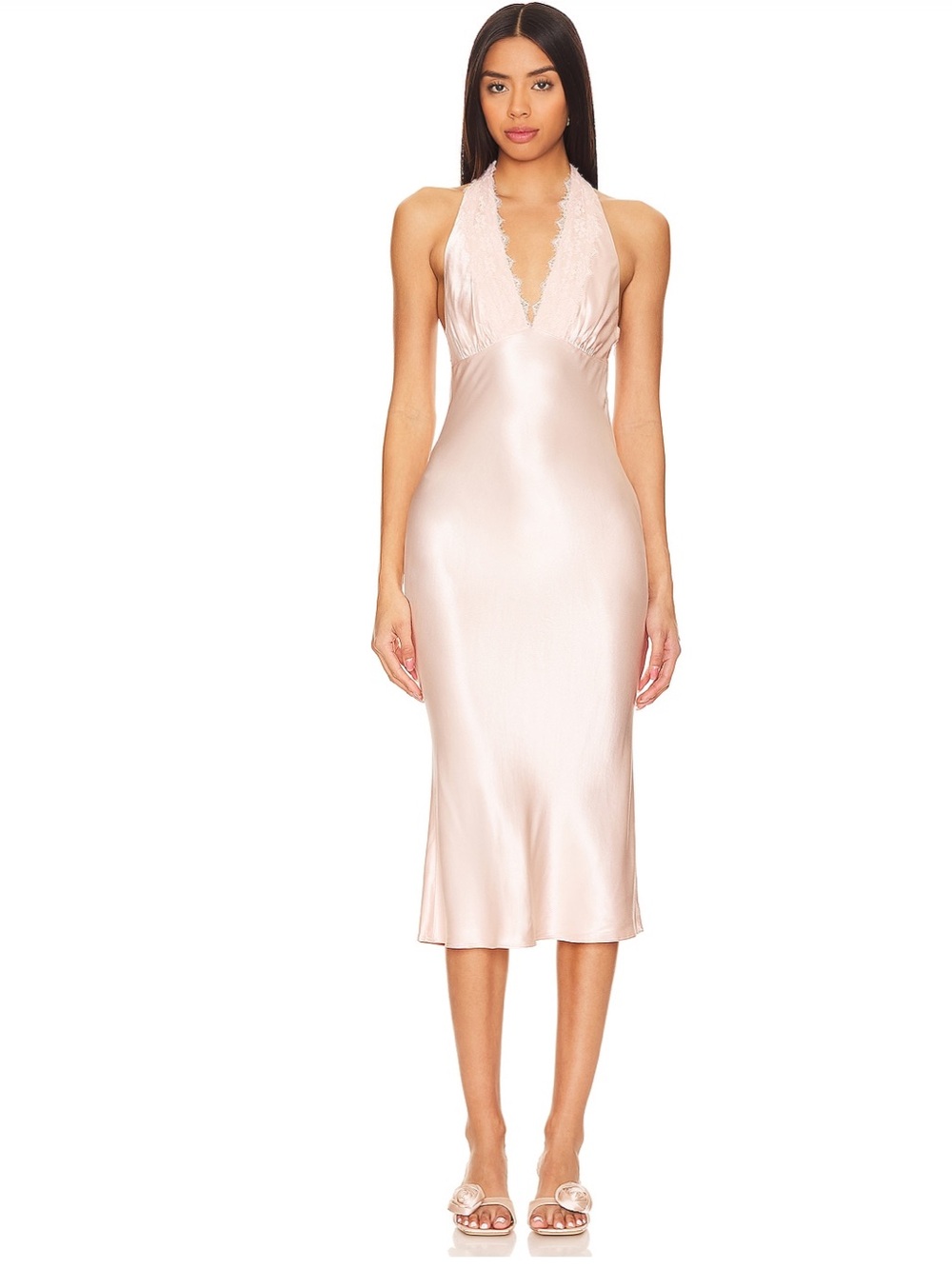 MAJORELLE Blush Pink Satin Halter Midi Dress